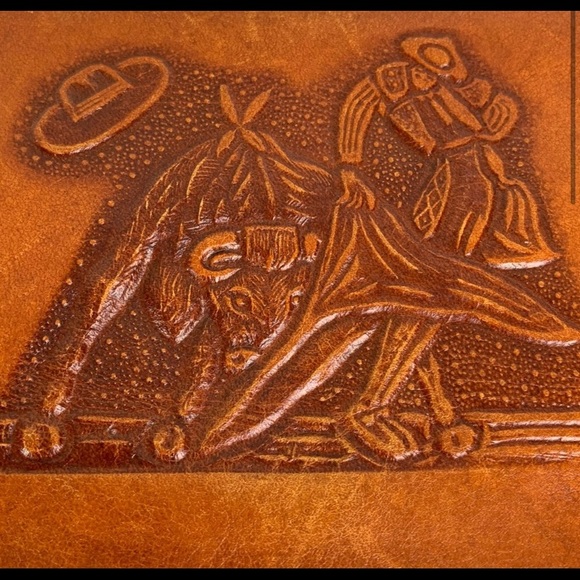 Vintage Women’s Leather Cognac Hand Tooled Rodeo Bull Rider Wallet | Mini Bag - Picture 2 of 6